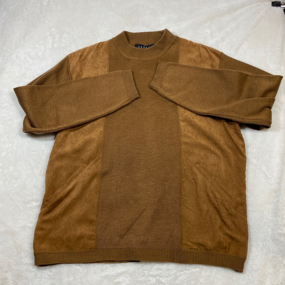 Pronti Mock Neck Sweater Faux Suede Accents Knit Pullover Brown Boho Mens XL - Picture 2 of 11